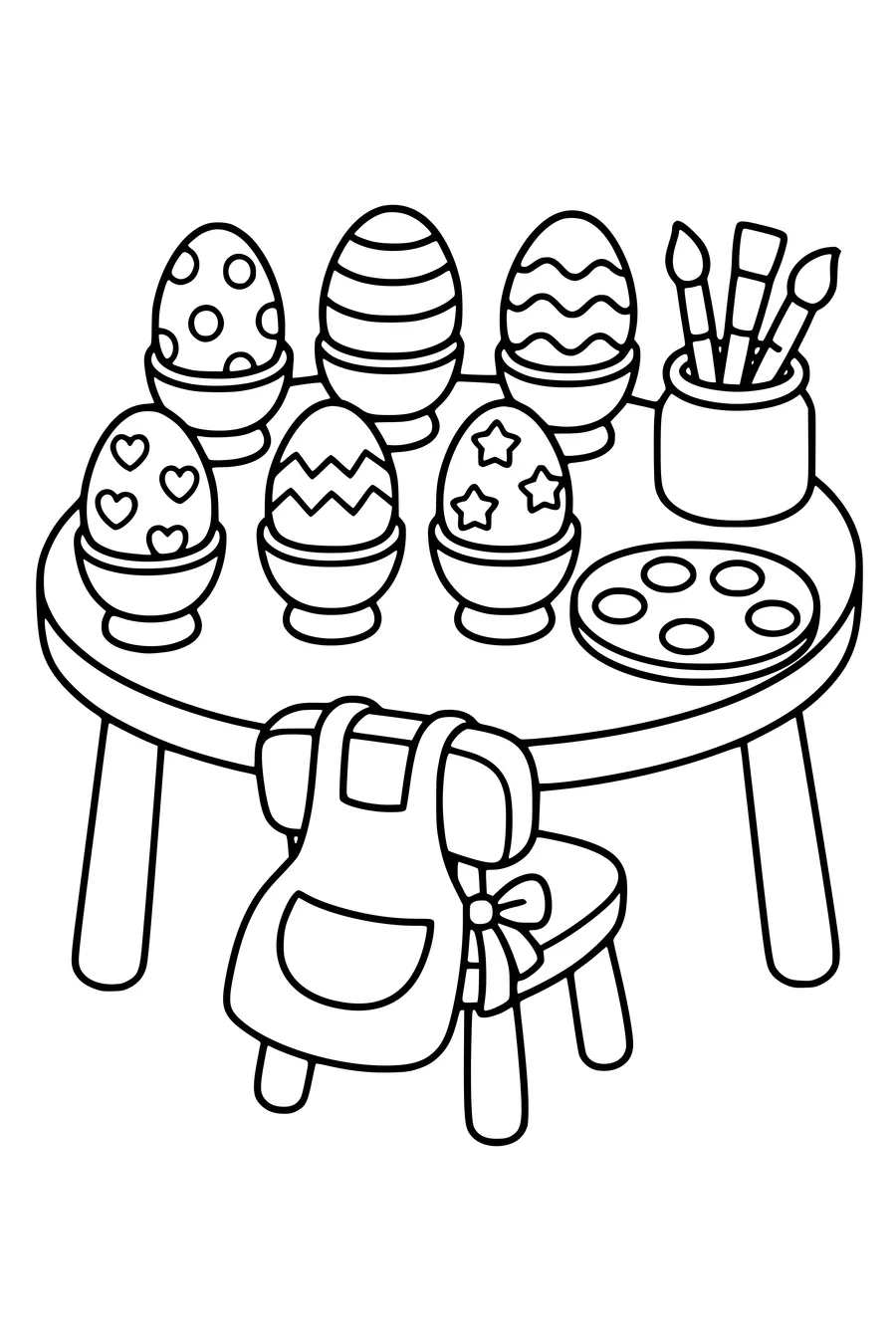 Coloring page of six patterned Easter eggs being decorated