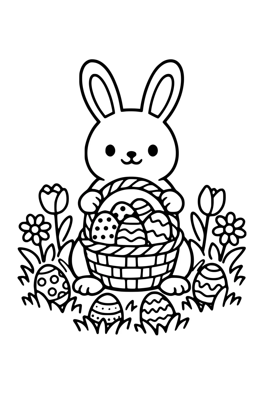 Coloring page of a rabbit holding a basket of decorated Easter eggs