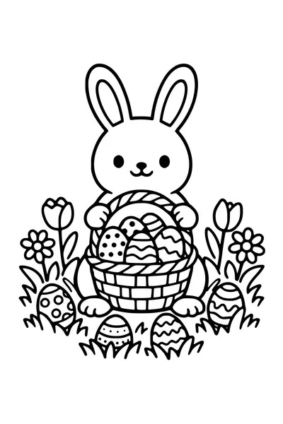 Coloring page of a rabbit holding a basket of decorated Easter eggs