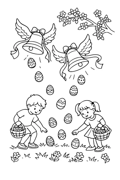 Coloring page of flying Easter bells dropping eggs over children in a garden