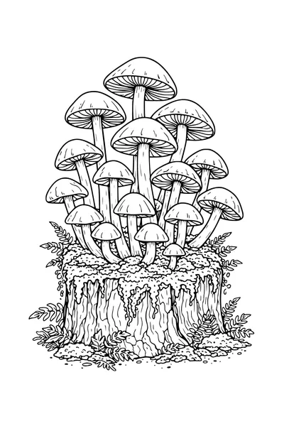 Kleurplaat van paddenstoelen op een bemoste stronk