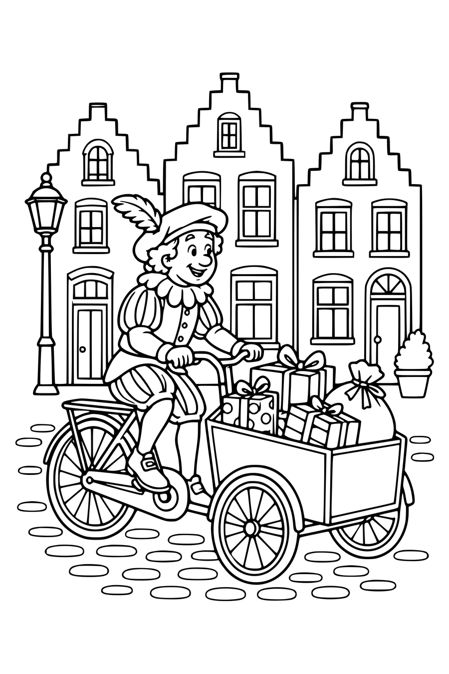 Un livreur transporte des paquets emballés à vélo dans une rue de maisons à pignons.