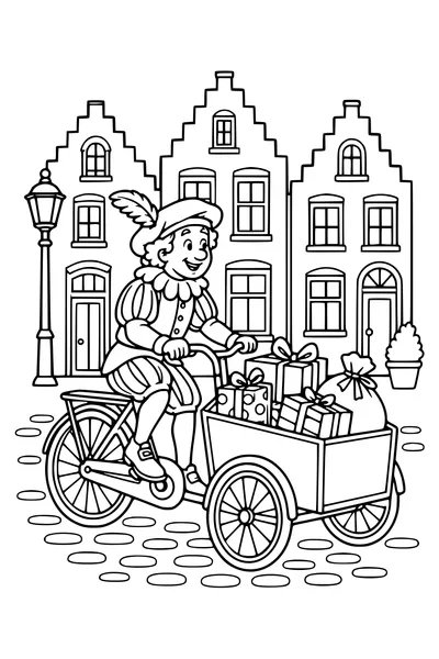 Een helper fietst met ingepakte pakjes door een straat met trapgevels.