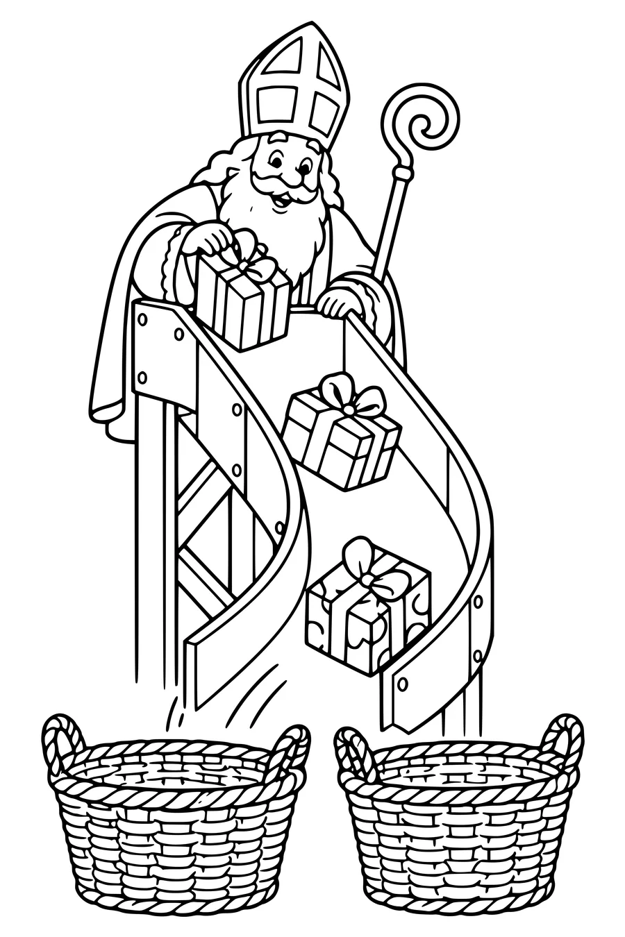 Trois petits cadeaux glissent le long d’une rampe courbe vers deux paniers ouverts.