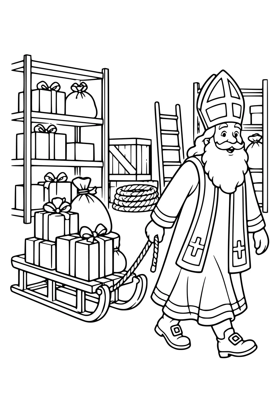 Sinterklaas pousse une luge en bois remplie de paquets sur le sol d’un entrepôt, sans neige autour.