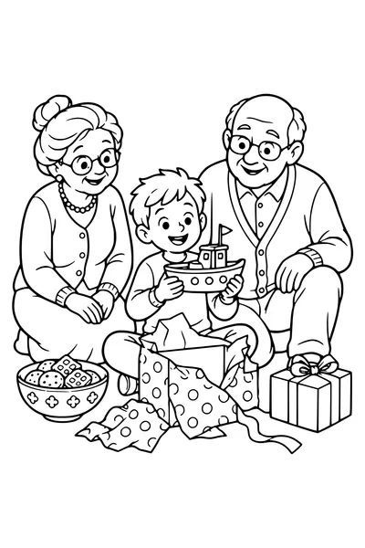 Oma en opa kijken hoe een kind een houten boot uit een pakje haalt.