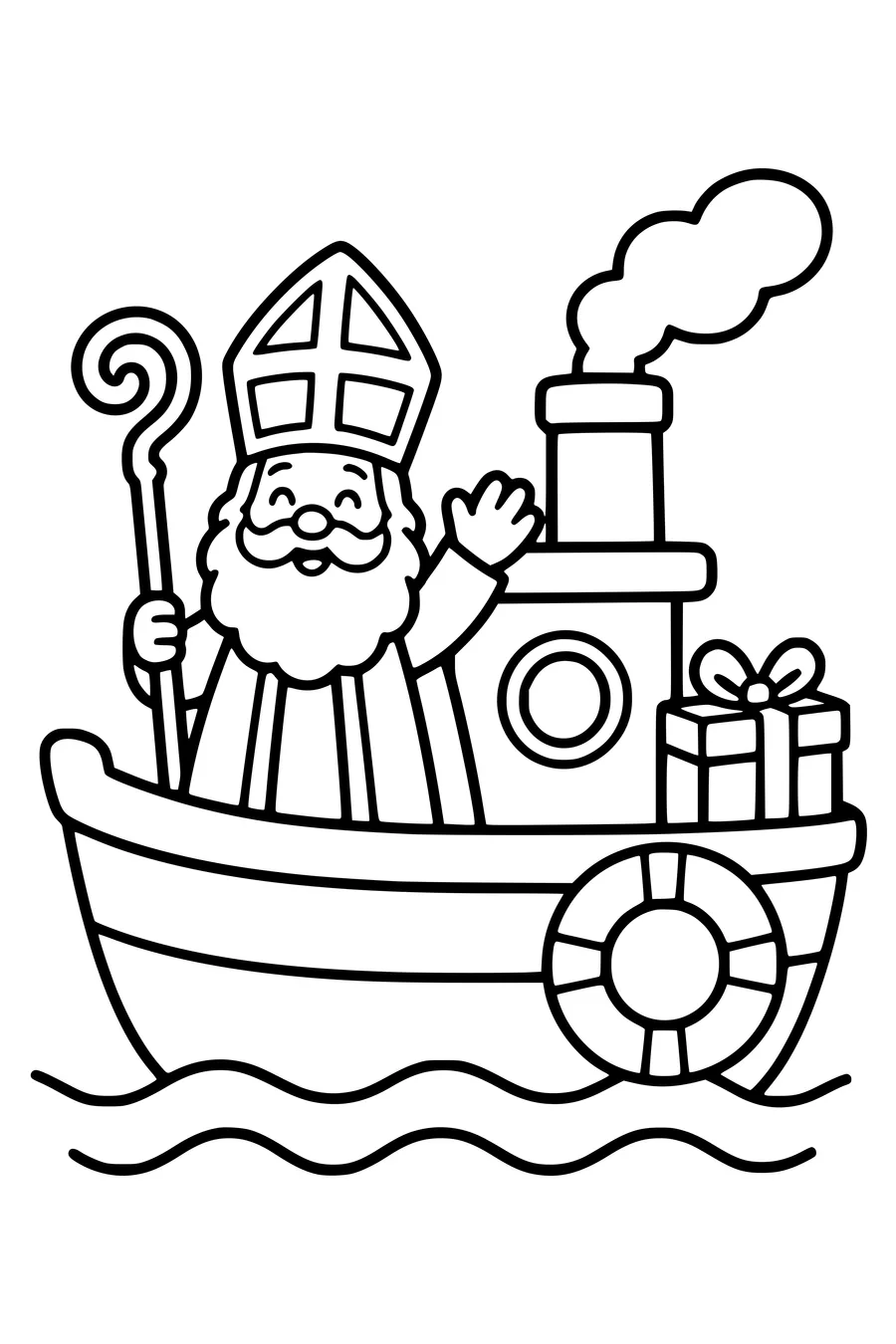 Sur le côté d’un petit bateau transportant des paquets pend une grande bouée de sauvetage.