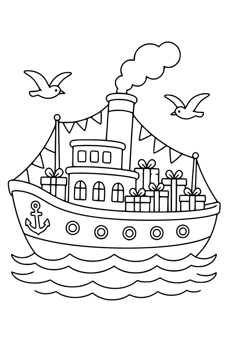 Free printable coloring page of steamboat full of presents at sea