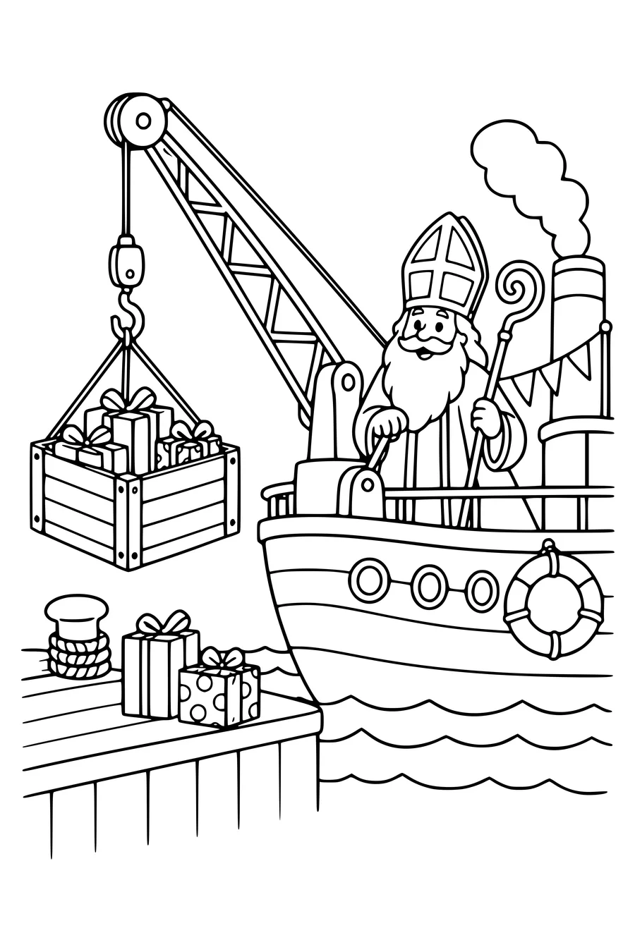 Een kleine scheepskraan tilt een krat met pakjes van de kade naar het dek.