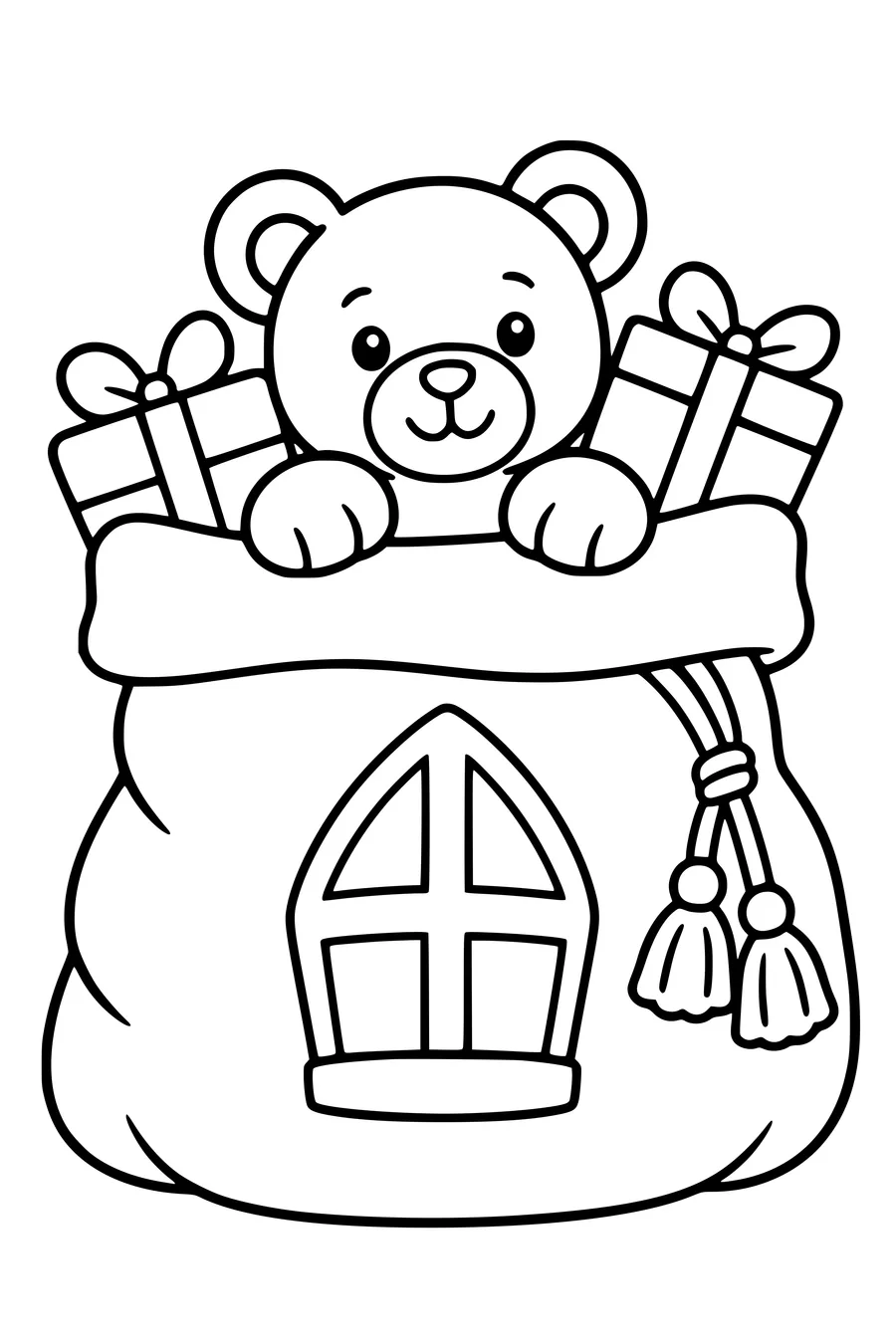 Un nounours dépasse du bord plié d’un sac de paquets.