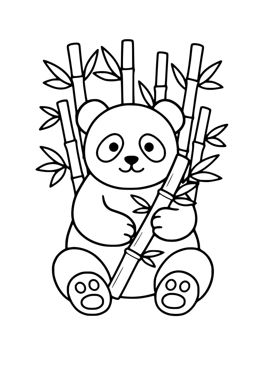 Coloring page of a panda sitting and chewing bamboo