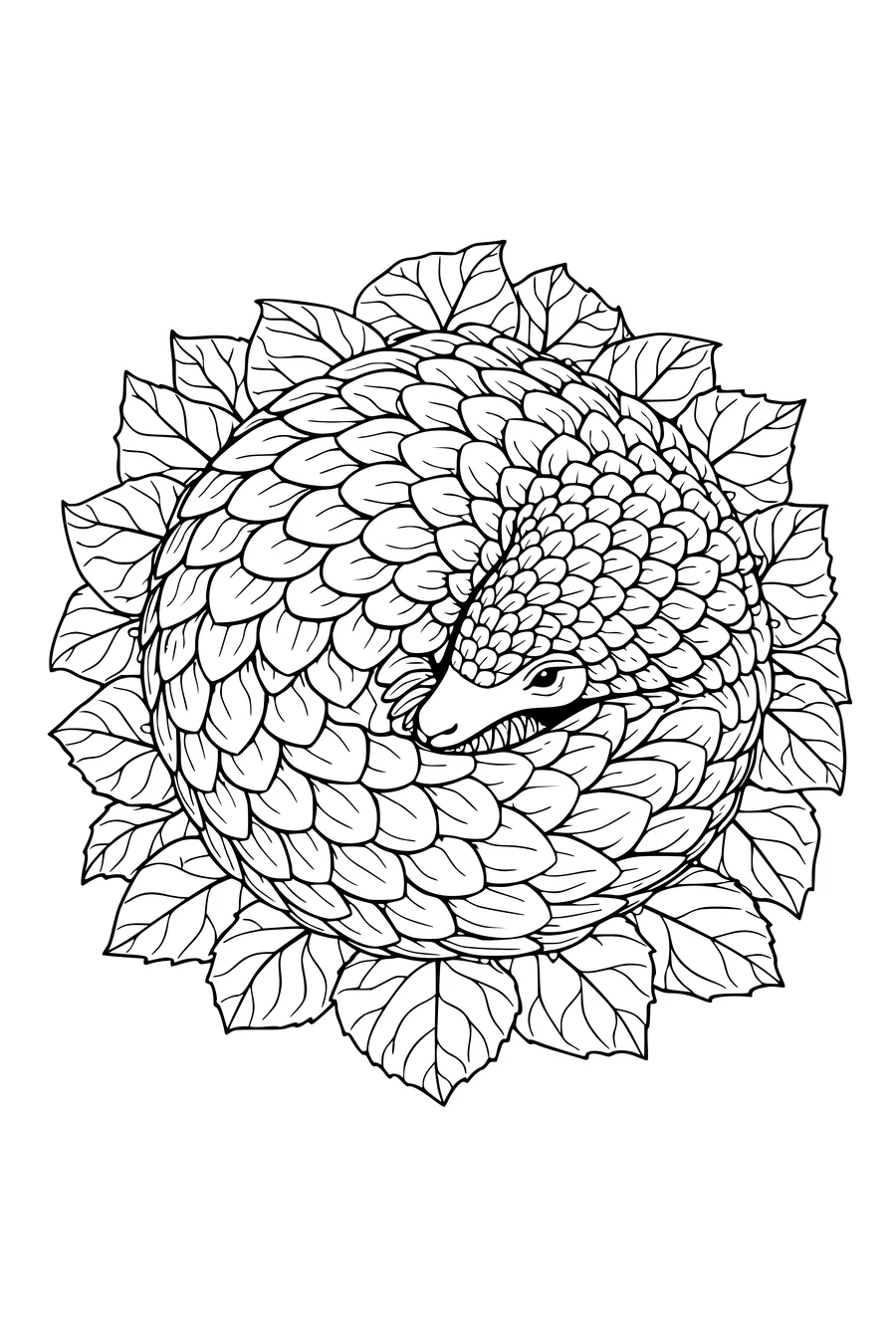 Kleurplaat van een pangolin met overlappende schubben opgerold tussen gevallen bladeren