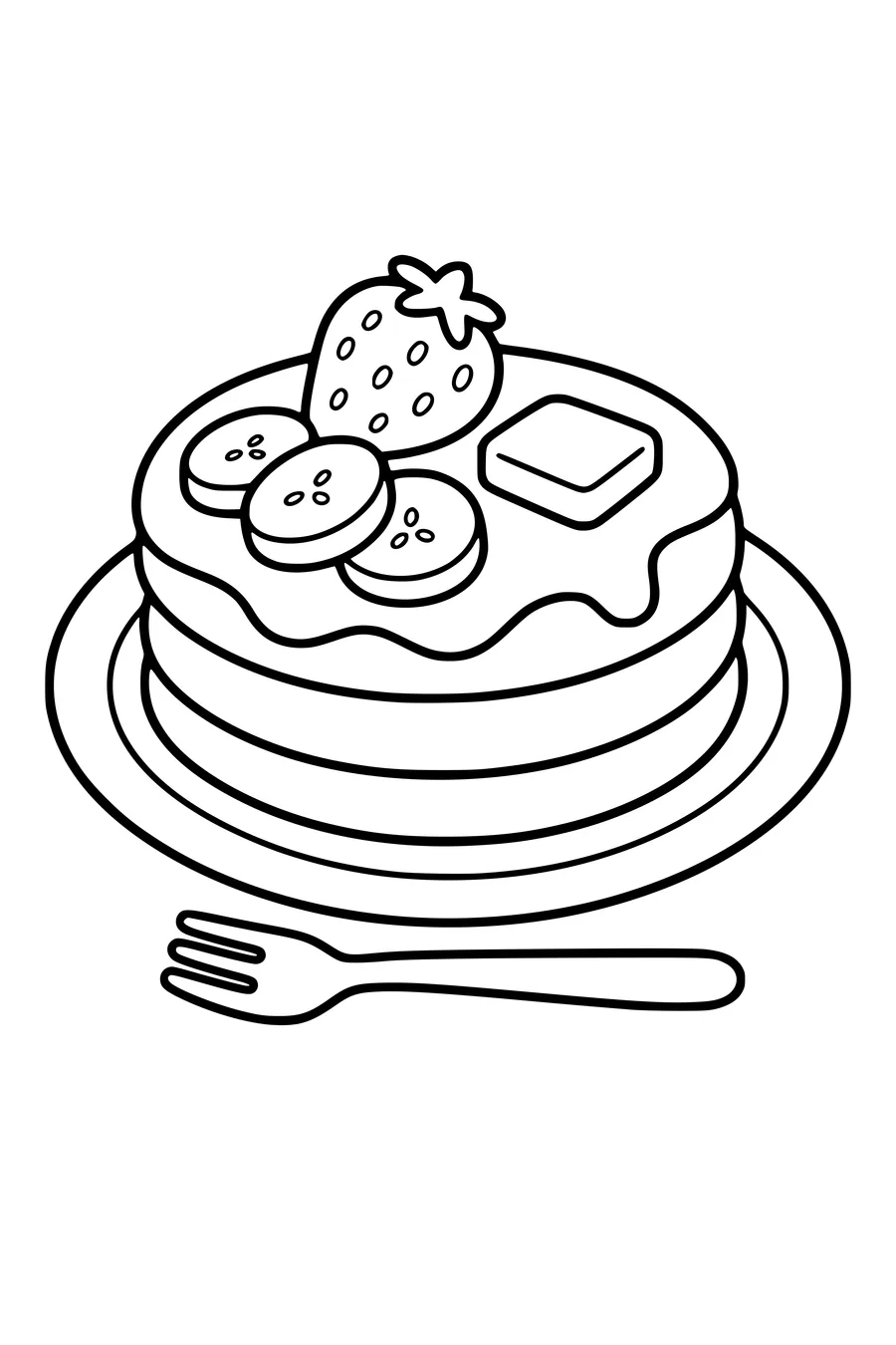 Printbare kleurplaat van pannenkoeken met fruit