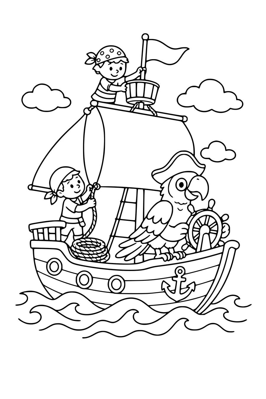 Kleurplaat op gemiddeld niveau van een papegaai aan het roer van een origineel piratenschip