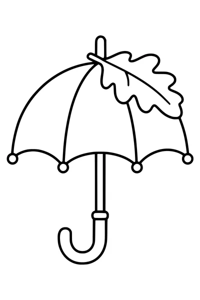 One open umbrella has a broad fallen oak leaf resting on top, simple curved handle.