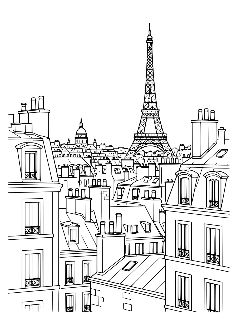 Coloriage des toits de Paris avec cheminées et lucarnes