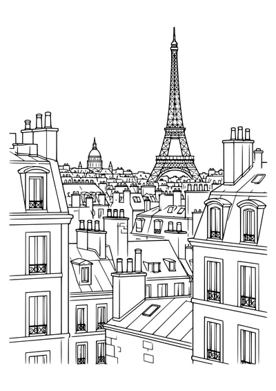 Coloring page of Paris rooftops with chimney pots and dormer windows