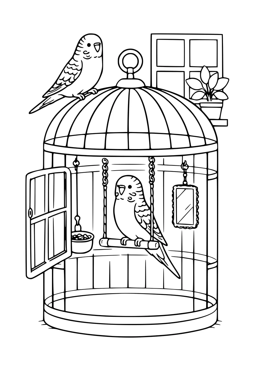 Coloring page of two budgies with an open cage, swing and mirror