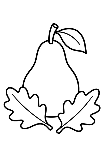 One large pear rests between two broad fallen autumn leaves.