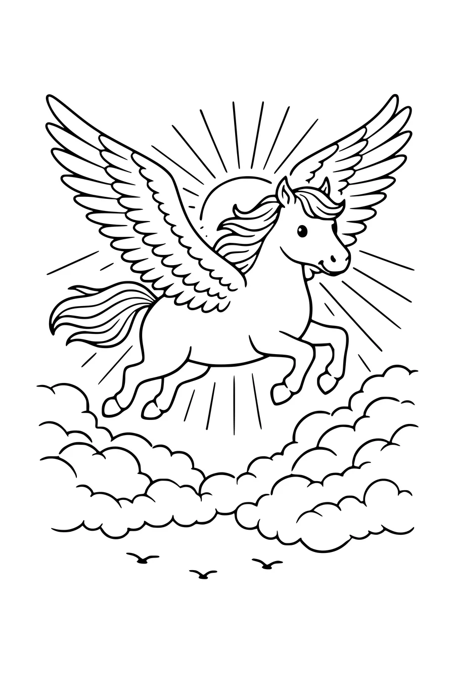 Coloring page of a winged horse flying above the clouds