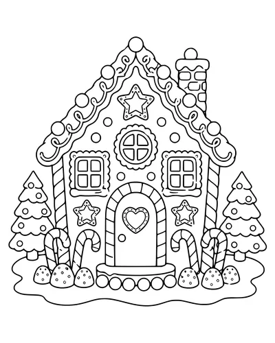 Kostenlos druckbares Ausmalbild eines Lebkuchenhauses mit Süßigkeiten