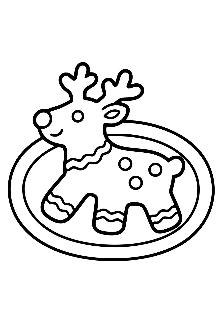 Een rendierkoek met korte poten ligt op een ovale schaal.