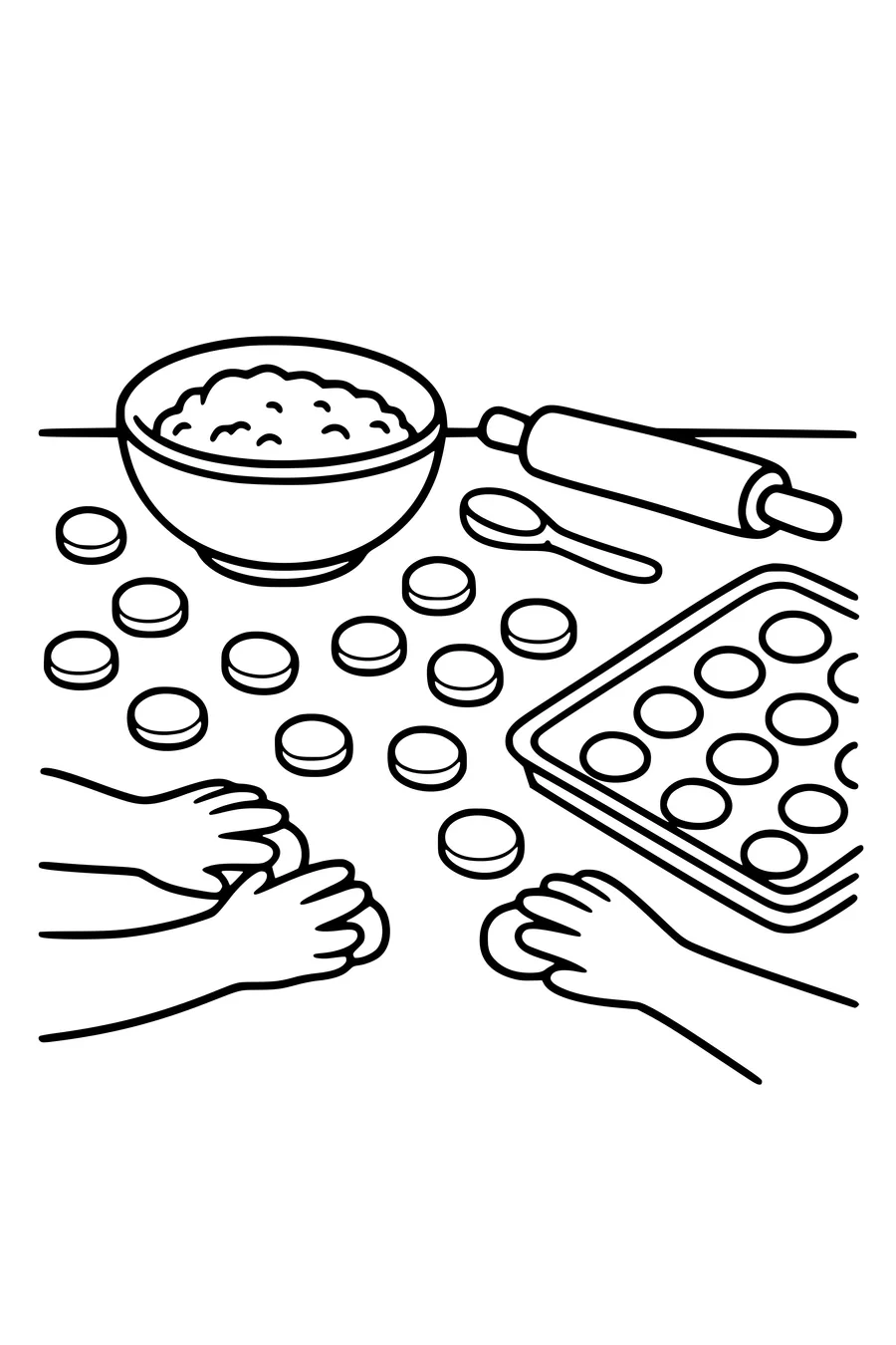 Coloring page of a table covered in pepernoten with hands rolling dough