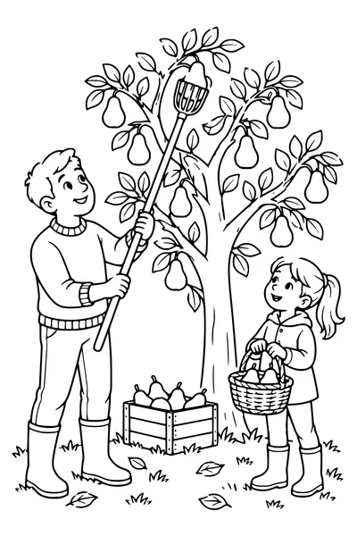 An adult uses a long-handled fruit picker to harvest pears while a child holds a basket, both standing on the ground.