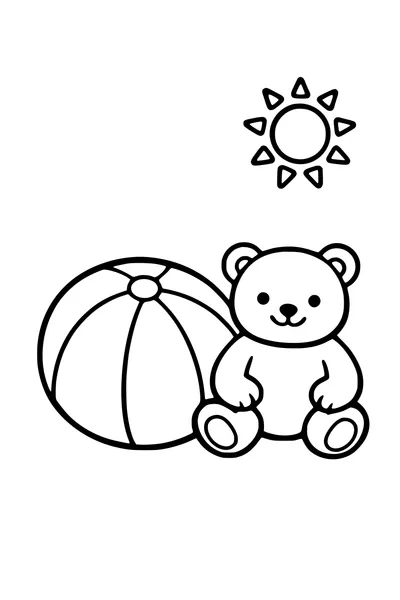 Kleurplaat van een grote strandbal en een teddybeer voor peuters