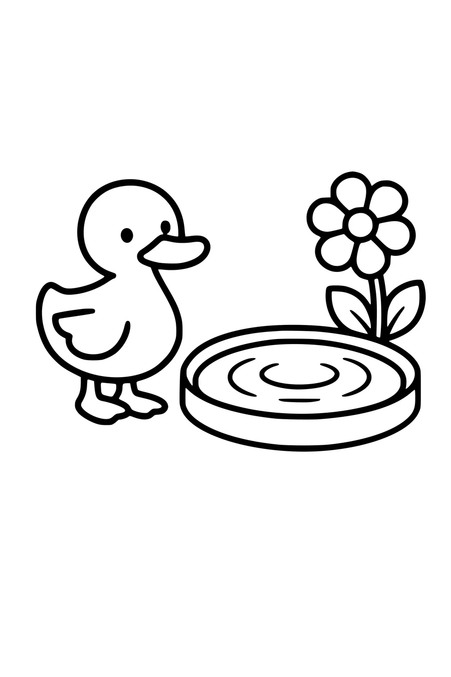 Coloring page of a very simple duck beside a round pond for toddlers