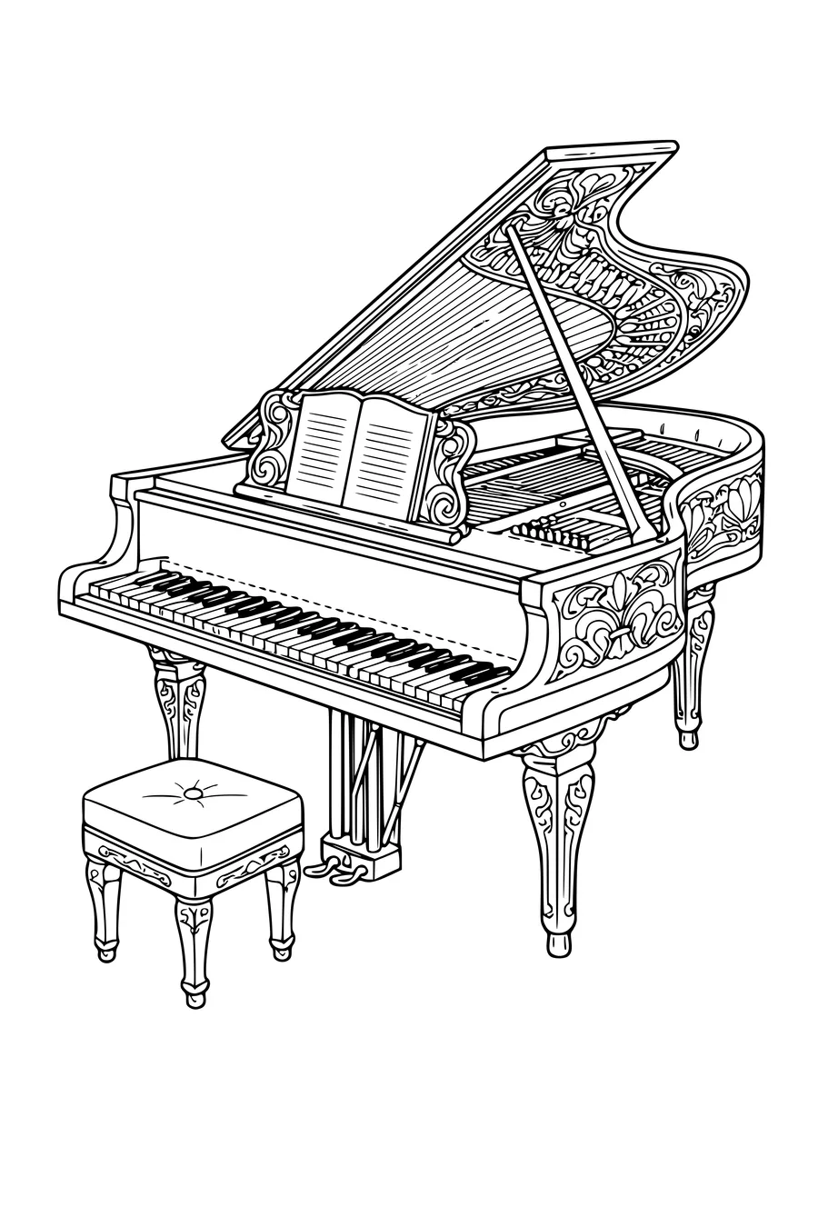 Coloring page of a grand piano with the lid raised showing the strings
