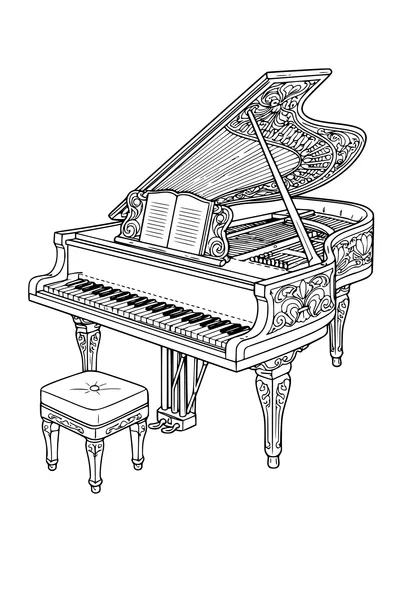 Coloring page of a grand piano with the lid raised showing the strings