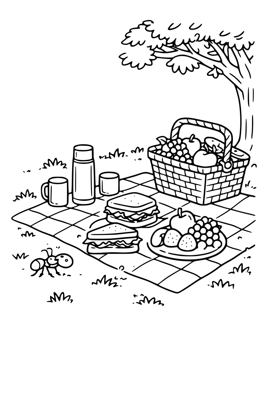 Kleurplaat van een picknickkleed met mand en eten in het gras