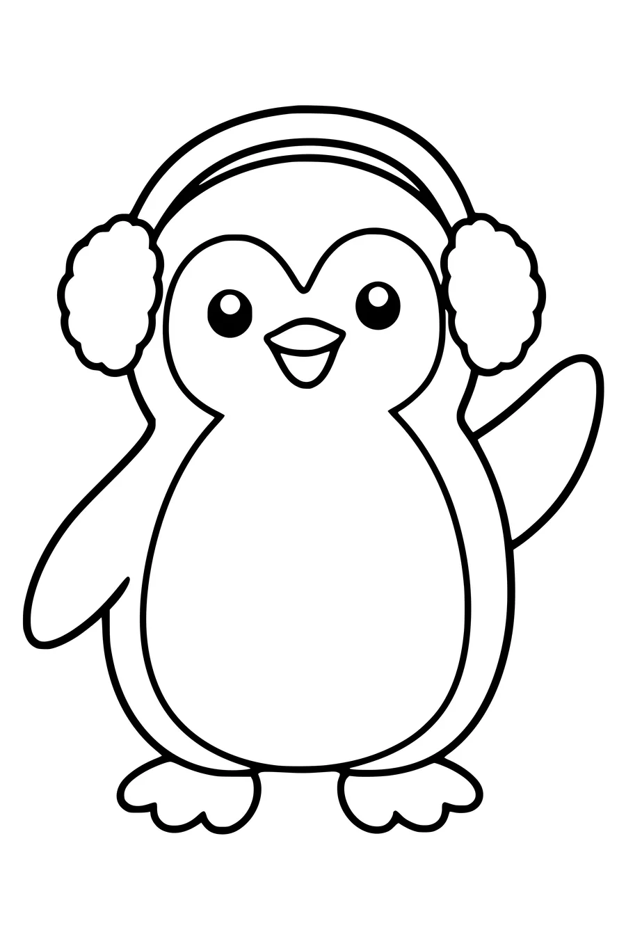 A friendly round penguin wears large earmuffs and raises one flipper, all body markings left white inside.