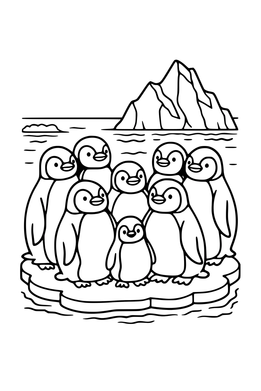 Coloring page of a group of emperor penguins with a chick on the ice