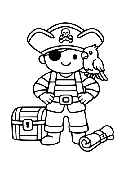 Coloring page of a pirate with a parrot, treasure chest and map