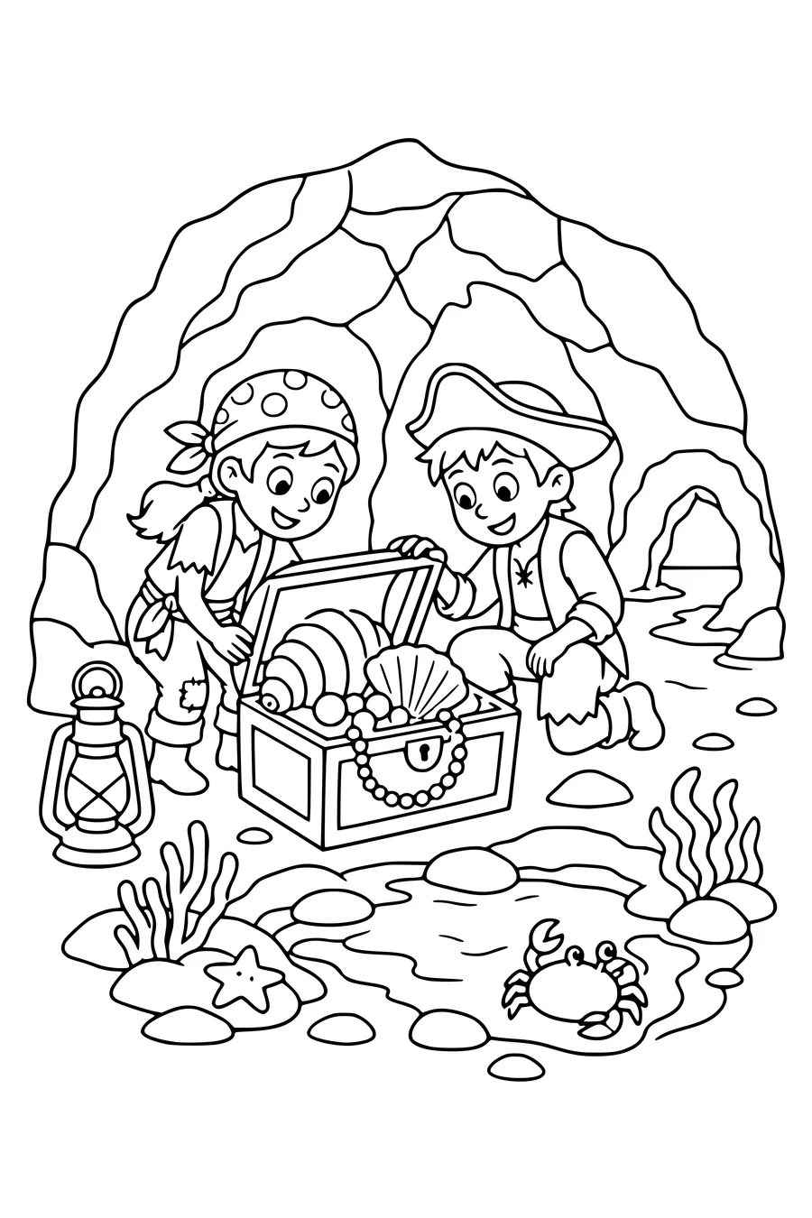 Medium coloring page of two original young pirates finding a chest of shells
