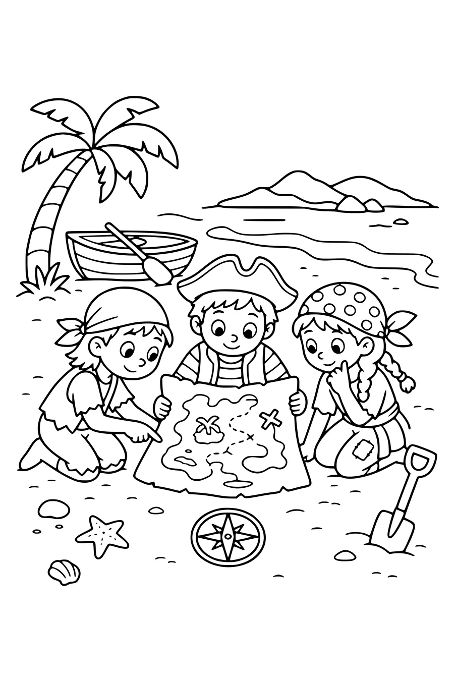 Medium coloring page of three original young pirates studying an island map