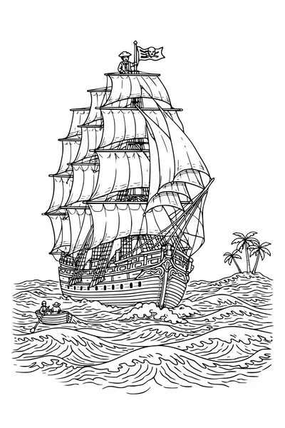 Kleurplaat van een piratenschip onder volle zeilen met een eiland aan de horizon