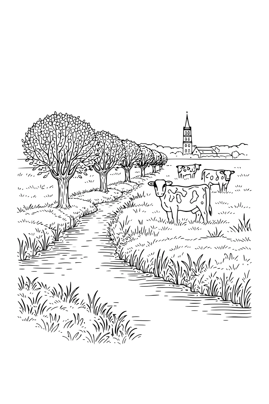 Coloriage d’un paysage de polder à l’aube avec saules têtards