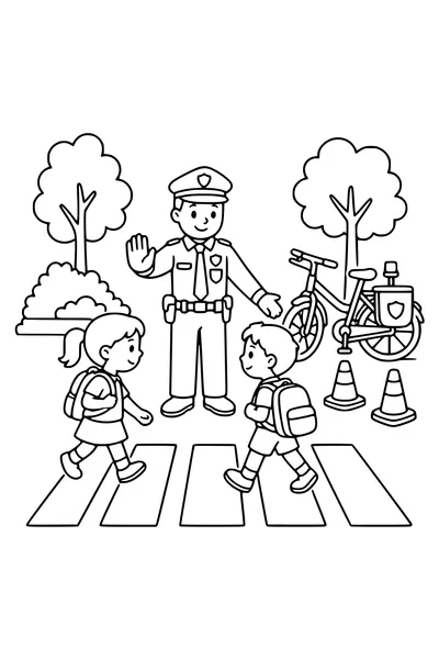 Medium coloring page of a friendly police officer helping children at a school crossing
