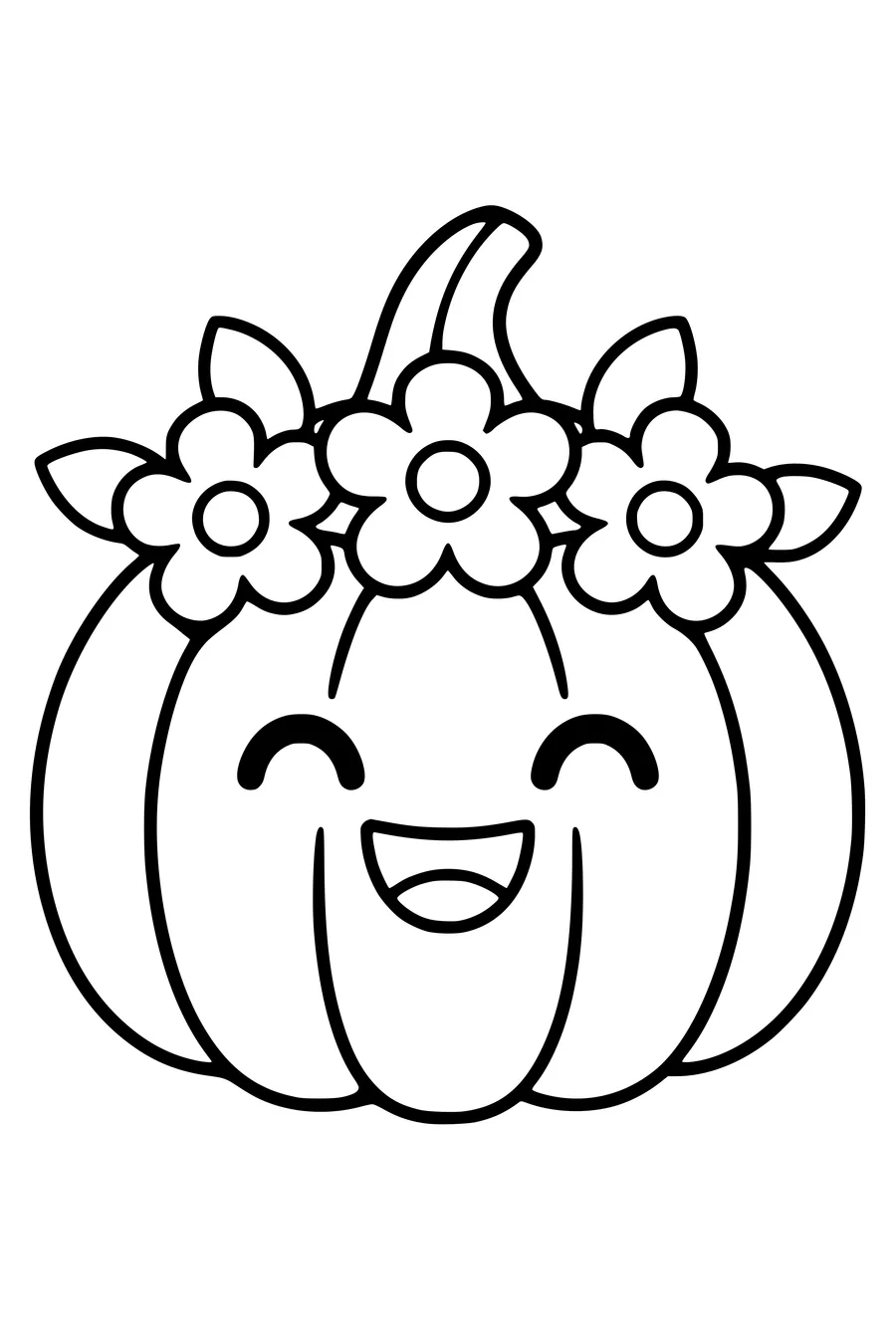 A round smiling Halloween pumpkin wears a crown of three large simple flowers.