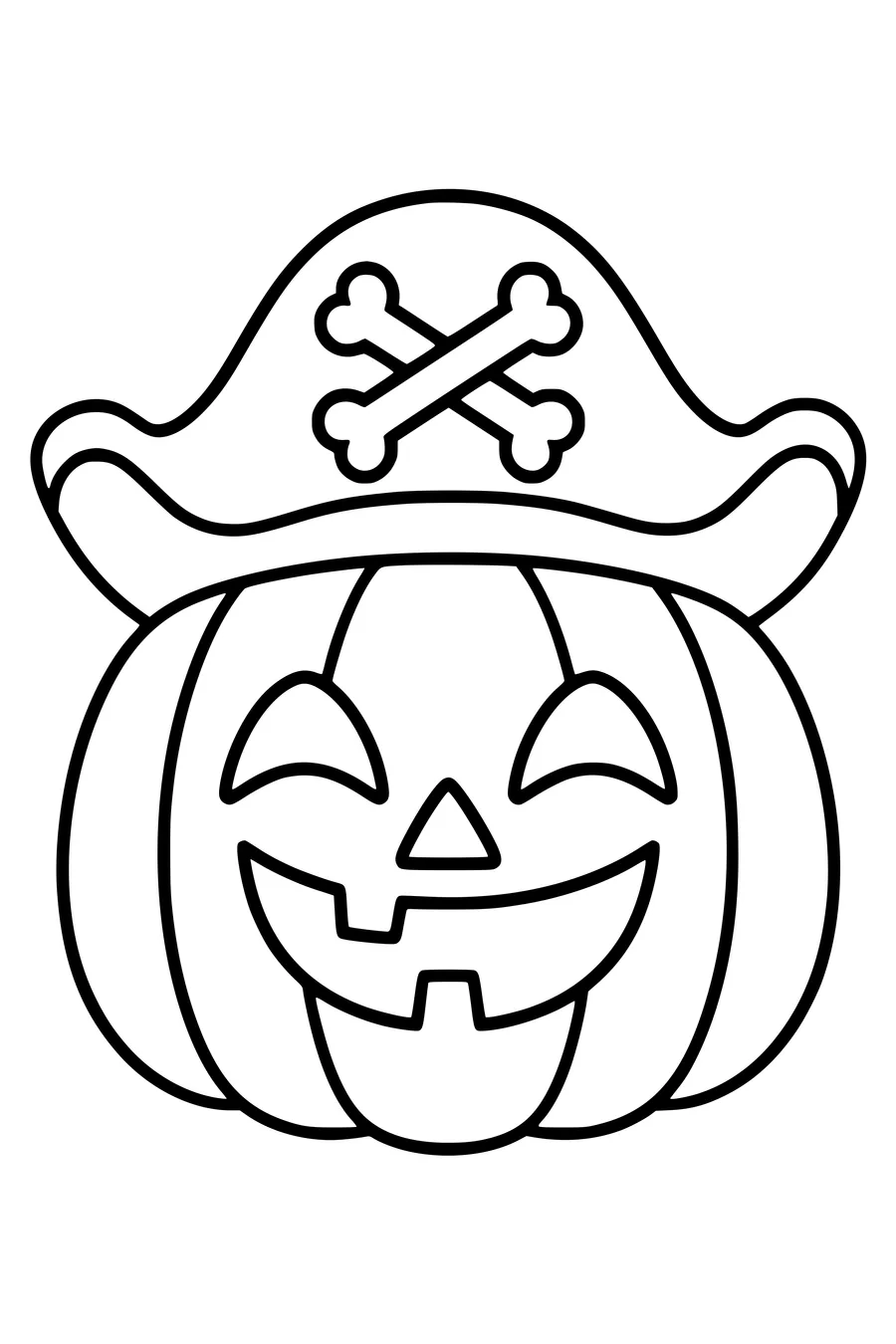 Ein lachender Kürbis trägt einen Piratenhut mit einer einfachen Knochenform.