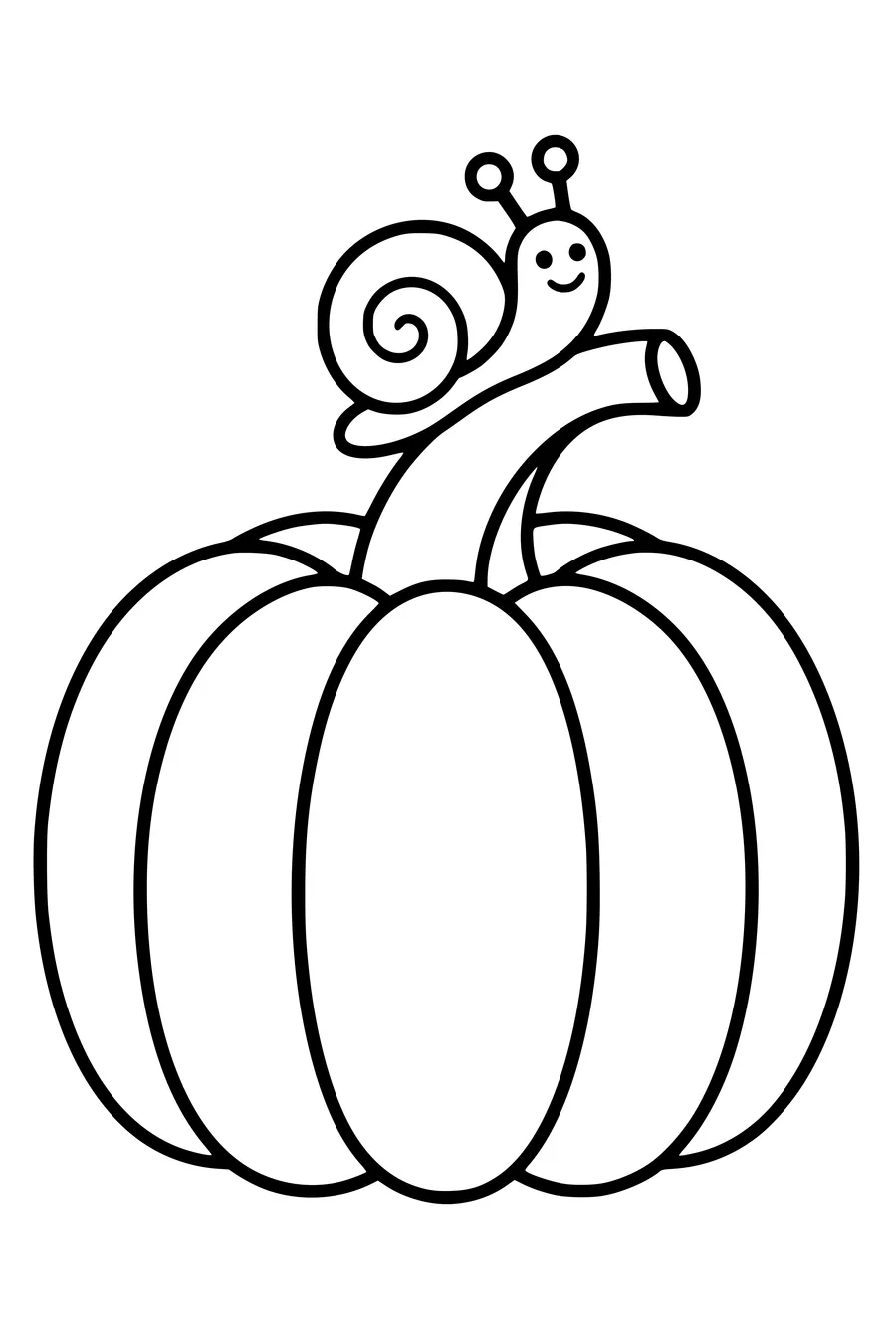 Un petit escargot est posé sur la tige courbée d’une citrouille non sculptée.