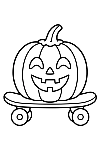 A cheerful carved Halloween pumpkin sits on a simple skateboard with large wheels.