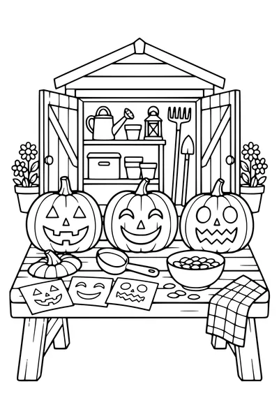 A garden shed pumpkin-carving workshop shows three different pumpkin faces, blunt scoop, seed bowl and paper templates, no people or knives.