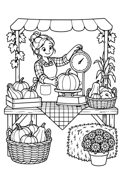 A market vendor weighs an uncarved pumpkin on a large scale at an autumn harvest stall with baskets of squash.