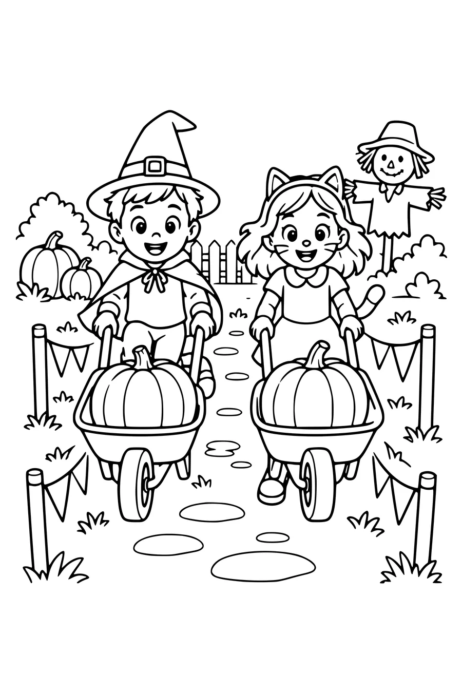 Deux enfants poussent chacun une brouette contenant une grosse citrouille le long d’un sentier de jardin.