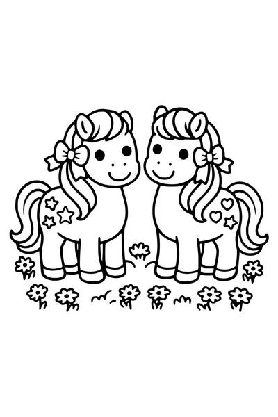 Coloring page of two ponies with ribboned manes and star markings