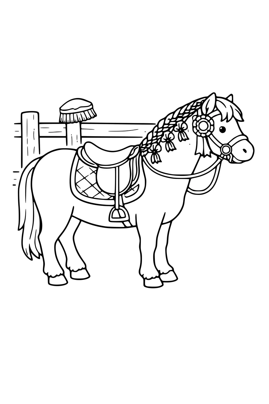 Coloring page of a pony with braided mane, saddle and a rosette